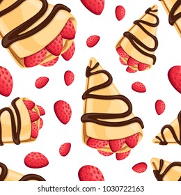 Seamless pattern of crepe with strawberry and chocolate tasty pancakes vector illustration on white background web site page and mobile app design.