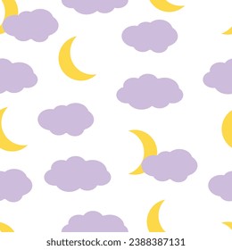 Seamless pattern with crescent and clouds. Sleep, night time, moon, kids background. 