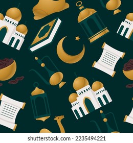 Seamless pattern with Crescent Islamic, lamp, camel, dates, book, mosque for Ramadan Kareem and eid mubarak set of icons. Golden Half Moon. Vector illustration isolated on green  background