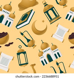 Seamless pattern with Crescent Islamic, lamp, camel, dates, book, mosque for Ramadan Kareem and eid mubarak set of icons. Golden Half Moon. Vector illustration isolated on background