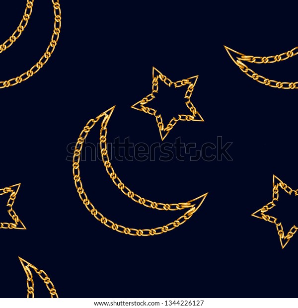 Seamless pattern with crescent moon chain and\
star symbol. Golden Chain Ornament for Fashion Prints. Star and\
crescent moon symbol of islam.  1t\
