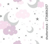 Seamless pattern with crescent moon, clouds and stars. Night, sky, dream, sleep pattern. Vector illustration. Childish cute wallpaper.
