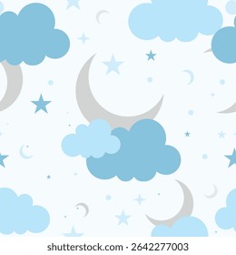Seamless pattern with crescent moon, clouds and stars. Night, sky, dream, sleep pattern. Vector illustration. Childish cute wallpaper.
