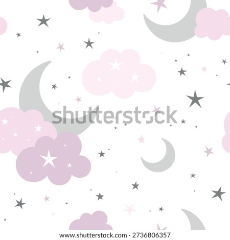 Seamless pattern with crescent moon, clouds and stars. Night, sky, dream, sleep pattern. Vector illustration. Childish cute wallpaper.
