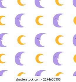 Seamless pattern with crescent moon and cute sleepy face. Vector flat background