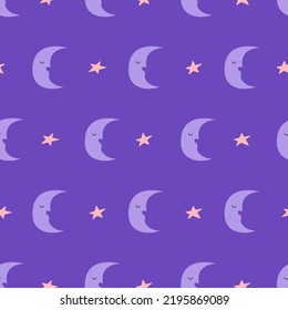 Seamless pattern with crescent moon with cute sleepy face and stars. Vector flat background