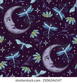 Seamless pattern with crescent moon with face, fantasy pixie dragonfly, chamomile, stars. Mythological fairy tale, mystical concept. For clothing, apparel, T-shirts, kids design