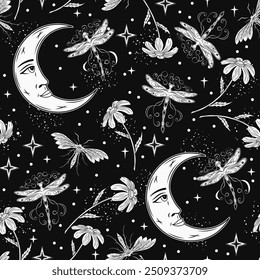 Seamless pattern with crescent moon with face, fantasy pixie dragonfly, chamomile, stars. Mythological fairy tale, mystical concept. For clothing, apparel, T-shirts, kids design