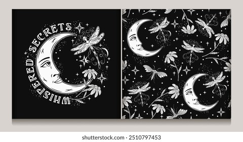 Padrão contínuo com lua crescente com rosto, fantasia pixie libélula, camomila, estrelas. Conto de fadas mitológico, conceito místico. Para roupas, roupas, camisetas, design infantil
