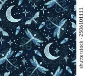 Seamless pattern with crescent moon, flying fantasy pixie dragonfly, scattered stars, crystals. Magic night. Mythological fairy tale, mystical concept.