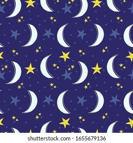 Seamless pattern with a Crescent moon and stars on a blue background. Vector illustration of the night sky. Perfect for children's design, packaging, wrapping paper, textiles.