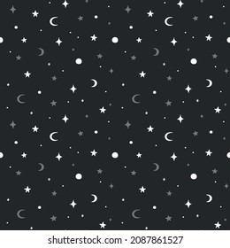 Seamless pattern with crescent moon and stars in black and white colors. Vector background with space 
