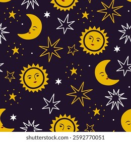 Seamless pattern with crescent moon, sun, stars on black background. Vector graphics.