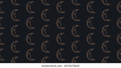Seamless pattern. Crescent moon vector illustration. Ornament with the moon. Linear drawing.  Moon with a human face. Repeating elements.
