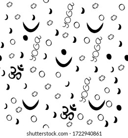 Seamless pattern of crescent moon and yoga sign, yoga word. 