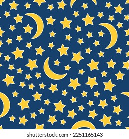 Seamless pattern of crescent and stars on a dark background. Night starry sky. Bright baby image for sleep. Vector illustration.