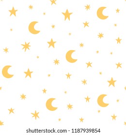 Seamless pattern with crescents and stars on white background.
