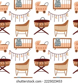 Seamless pattern of crib cradle baby cradles. Baby Shower Scandinavian pastel wallpaper. Textile fabric design for kids. Flat bohemian vector neutral background paper