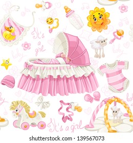 Seamless pattern of cribs, toys and stuff it's a girl