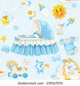 Seamless pattern of cribs, toys and stuff it's a boy on blue background