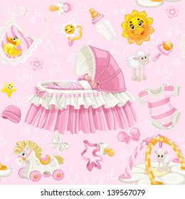 Seamless pattern of cribs, toys and stuff it's a girl on pink background