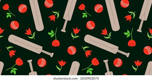 seamless pattern with cricket bats, balls and red flowers on dark green background, modern flat vector design