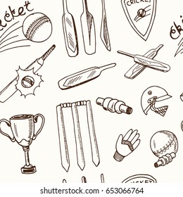 Seamless pattern with Cricket elements. Vector isolated Illustration on white background for packages product and other design