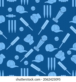 Seamless Pattern Of Cricket Equipments On Blue Background.