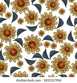 Seamless pattern of crimson flowers of various sizes and green leaves on a white background, flowering plants with a dark center, light petals and black outlines, vector illustration for design 