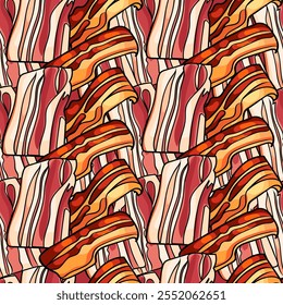 Seamless pattern crispy bacon , fried bacon strips. Perfect for breakfast themes, food packaging, or restaurant decor. Vector illustration.