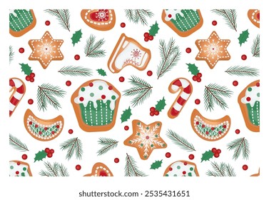 Seamless pattern with crispy Christmas cookies. Sugar cane, cupcake, heart, moon, stars and skates vector illustration for textiles, wrapping paper, posters