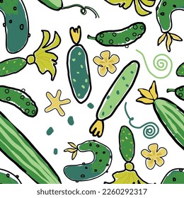 Seamless pattern of crispy cucumbers with flowers on a transparent background. Pattern for kitchen items