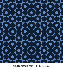 Seamless pattern. Criss cross indigo blue geometric hand drawn square dot check. Repeat abstract background. Masculine monochrome geo. Trendy shirting design textile. All over print dyed vector swatch