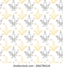Seamless pattern with Cristmas candle, bow, fir tree, lemon