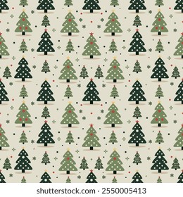 Seamless pattern with  Cristmas tree  on a light yellow background. Design for fabric, gift wrapping paper. Vector illustration.