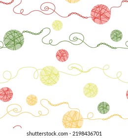 Seamless pattern with crochet chains and yarn balls. Vector vintage background for handcraft