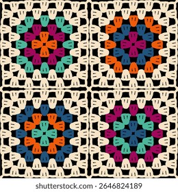 Seamless pattern with crochet granny square wallpaper handmade decorative art design print	
