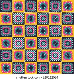  Seamless pattern crochet. Granny square.Knitted wear. Folk art motif with flowers. Vector illustration