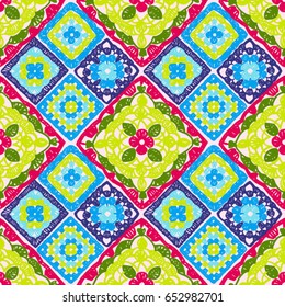 Seamless pattern crochet. Granny square.Knitted wear. Folk art motif with flowers. Vector illustration