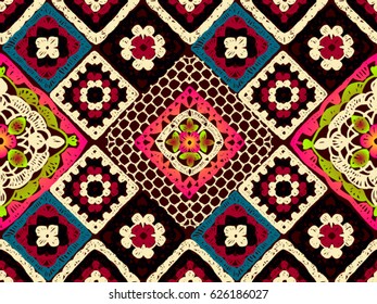 Seamless pattern crochet.  Knitted wear. Folk art motif with flowers. Vector illustration