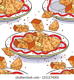 seamless pattern crockery bowl dish with appetizer. bread croutons  vector illustration