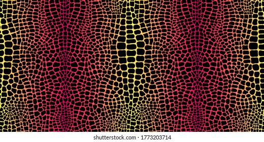 Seamless pattern with crocodile or alligator print. Colorful red and yellow gradient snake skin texture imitation wallpaper. Animal leather vector background.	
