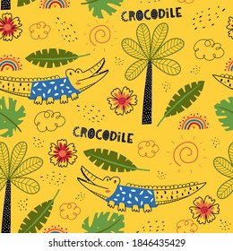 Seamless pattern with crocodile. Animals of Africa, elements of flora and fauna. Fairy Tale kid textile, wrapping paper, background. Kids animal characters. 