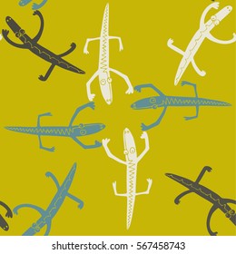 Seamless pattern with crocodile. Beautiful vector illustration with Funny hand drawn alligator 
