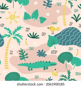 Seamless pattern with crocodile, bird, tropical plants and palms tree. Creative jungle childish texture. African landscape. Vector Illustration for children