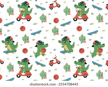 Seamless pattern with a crocodile busy with different things.