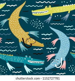 Seamless pattern with crocodile diver. Creative modern childrens background. Perfect for kids apparel,fabric, textile, nursery decoration,wrapping paper.Vector Illustration