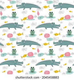 Seamless pattern with crocodile, frogs, fish and lotus. Cute  background animals in water for children textile, wallpaper, wrapping, covers, posters. Vector illustration.