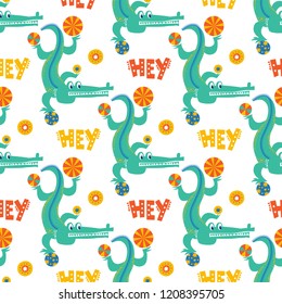 Seamless pattern with crocodile juggling balls in cartoon style and Hey text. For packaging paper design, Wallpaper, baby clothes, packaging. Vector illustration