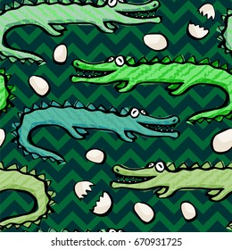 Seamless pattern with a crocodile, painted by brush and hand. Vector illustration. Reptile, crocodile, alligator, eggs, birth. Characters for a fairy tale, cartoon, design.